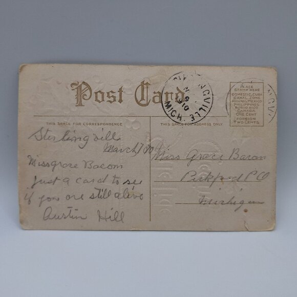 Antique Postcard Yuletide Greetings Holly Berries Embossed Design Posted 1910 - Picture 3 of 5